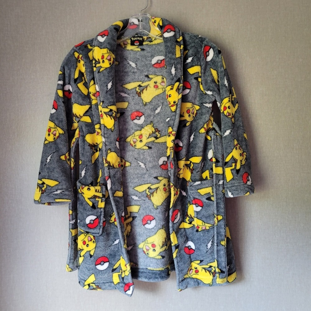 Pokémon Pikachu Plush Fleece Bathrobe Grey Yellow Kids Size‎ Medium (M)